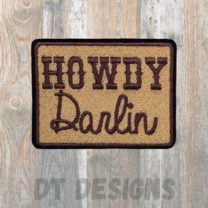 Howdy Darlin’ embroidered patch, pink and white, iron on
