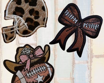 Football embroidered patches, iron on, cowboy hat football, helmet, football bow, sports, tailgate season, filler patches