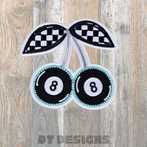 Checkered 8 ball cherries iron on patch, embroidered, black white turquoise