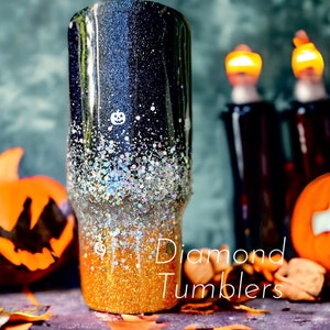 Fall, Halloween glitter tumbler, orange, black and silver holographic, pumpkins