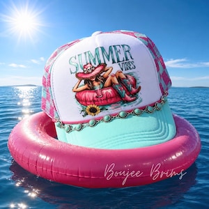 Summer vibes, Floatin' Boatin’, Trucker Hat: Handmade River hat, lake hat, beach hat, coastal cowgirl, with hat chain