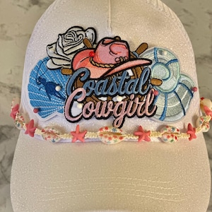 Coastal cowgirl trucker hat, white glitter hat, sparkly,  beach hat