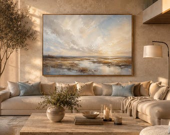 Large Coastal Landscape Painting, Textured Marshland Wall Art, Soft Blue Beige Nature Scene, Handmade Contemporary Artwork Living Room Decor