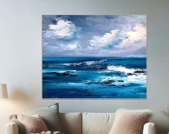 Blue Ocean Abstract Painting, Large Canvas Art, Modern Wall Decor, Textured Brushstrokes, Blue Ocean Living Room Art, Coastal Home Style