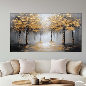 Golden Tree Forest Landscape Painting, Large Hand-Painted Wall Art, Modern Autumn Nature Scene, Elegant Gold Canvas for Living Room Decor