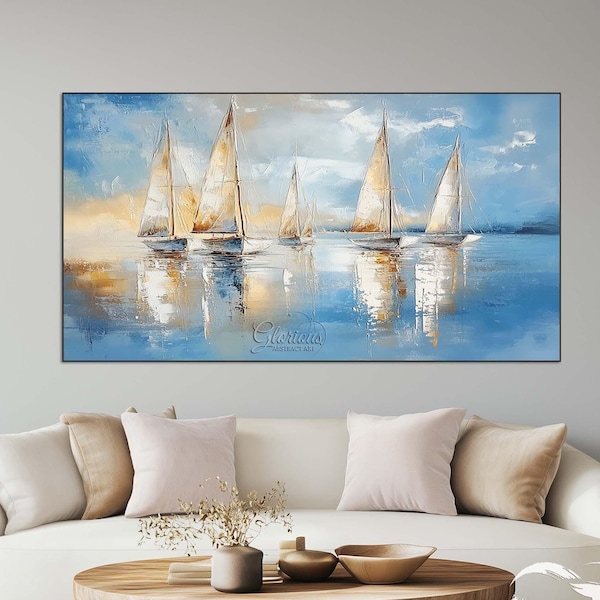Large Abstract Sailboat Painting, Modern Coastal Wall Art, Sailing Boats on Calm Water, Hand-Painted Ocean Seascape for Living Room Decor