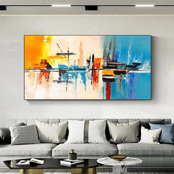 Original Abstract Painting, Extra Large Wall Art Textured Canvas Art Orange Abstract Art, Cyan Abstract Canvas Art Master Bedroom Wall Decor