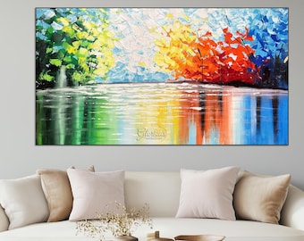 Vibrant Colorful Abstract Landscape Painting, Large Canvas Wall Art, Rainbow Trees Reflection, Modern Nature Scenery, Living Room Decor