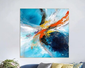 キャンバスに描かれたオリジナルの抽象アクリル画 - 大胆な青と