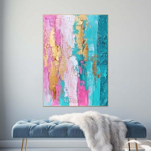 Large Abstract Impasto Painting, Pink and Turquoise Wall Art, Textured Gold Leaf Art, Modern Living Room Decor, Original Handmade Painting