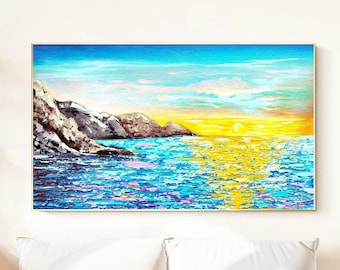 Large Coastal Painting On Canvas, Sea Landscape Painting, Sunrise Ocean Painting, Palette Art, Sunrise Landscape Painting, Living Room Art