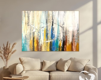 Textured Abstract Painting, Blue Beige Gold, Contemporary Wall Art