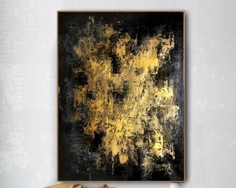 Gold foil original abstract art gray black, hand painted textured abstract painting, original palette knife abstract wall art painting BZ20