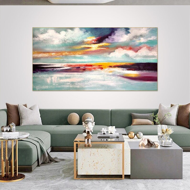 Abstract landscape painting of a colorful sunset over water.
