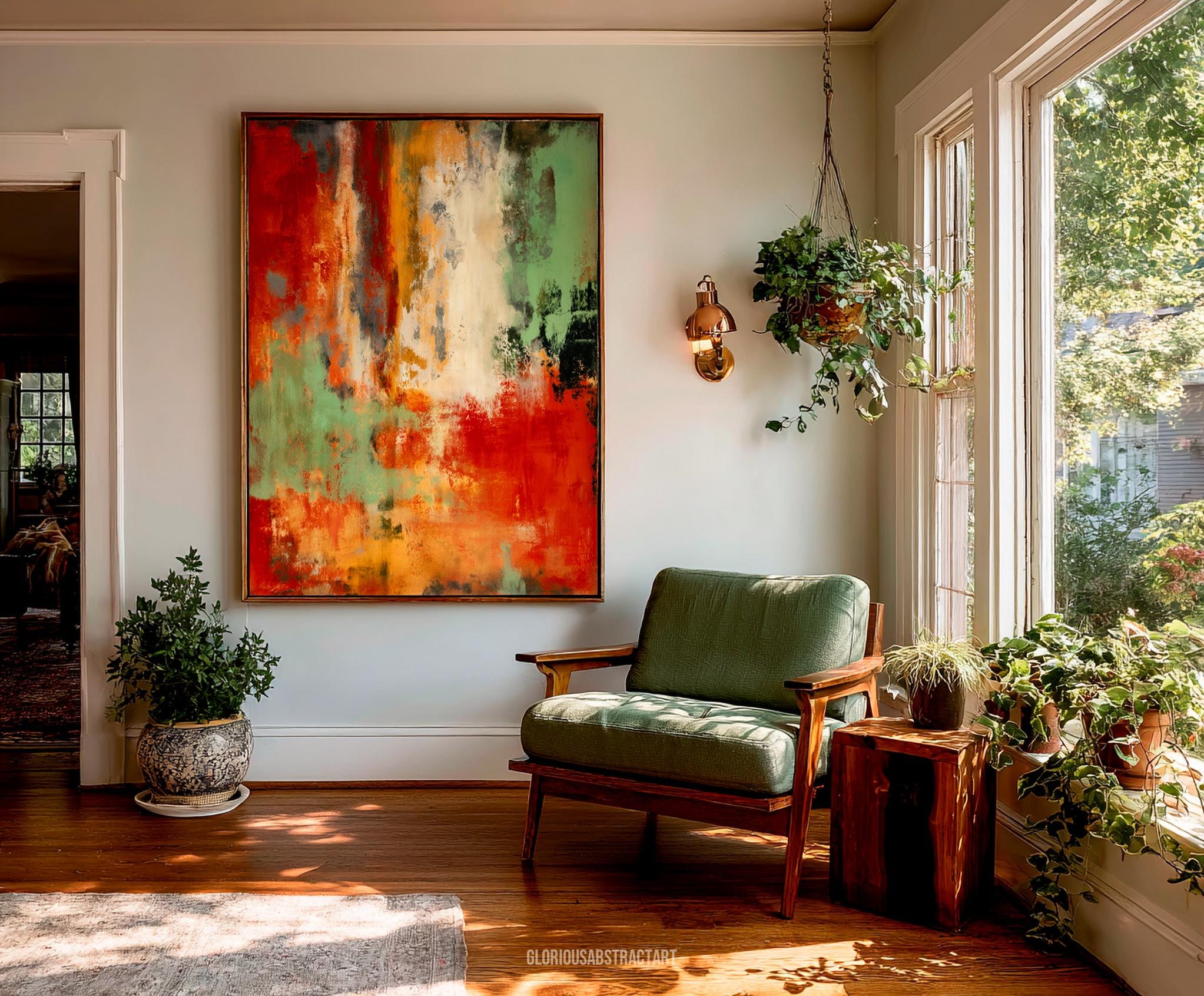 Orange and Green Abstract Wall Art, Modern Canvas Print, Fine Art Print ...