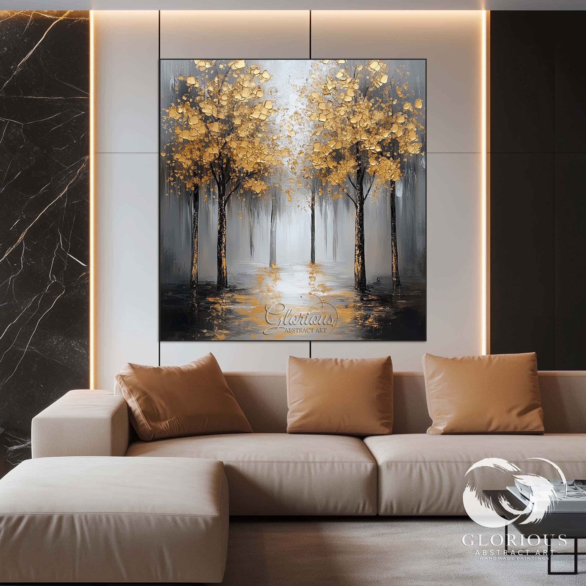 Golden Tree Forest Landscape Painting, Large Hand-painted Wall Art ...