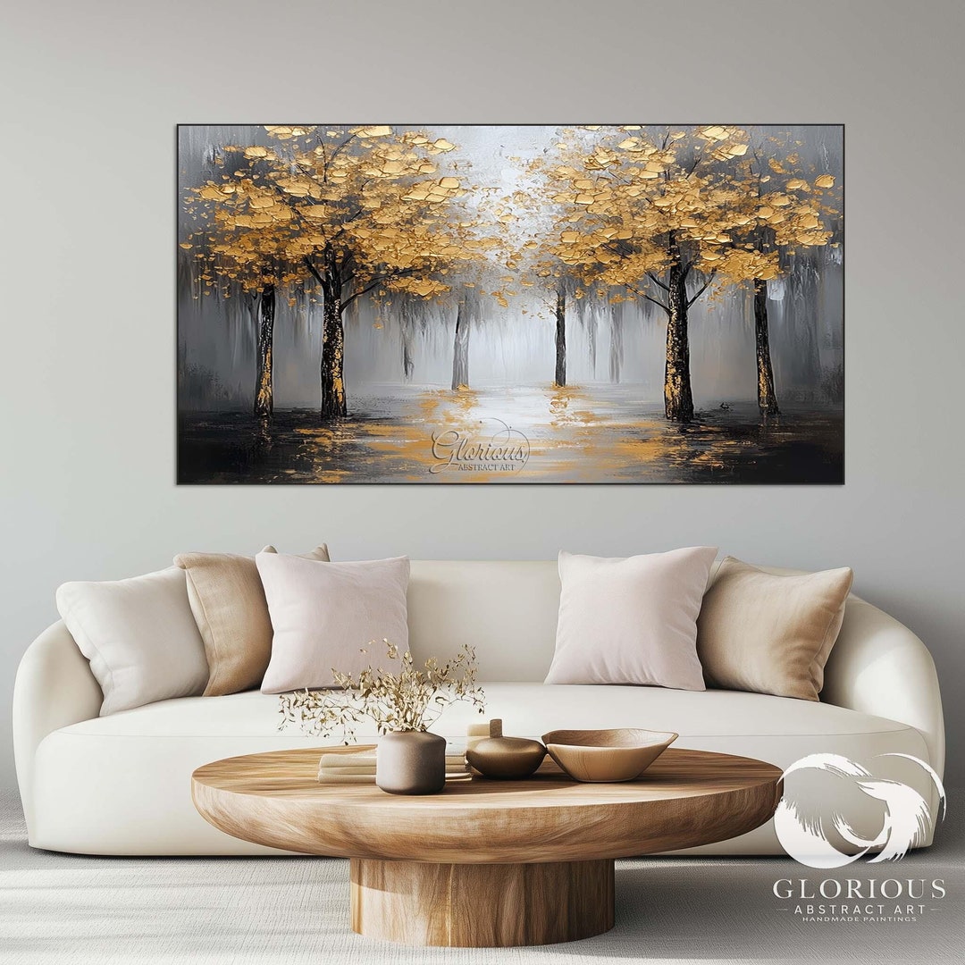 Golden Tree Forest Landscape Painting, Large Hand-painted Wall Art ...