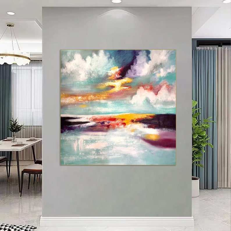 Impressionistic canvas showing reflections of a vivid sky on calm waters.