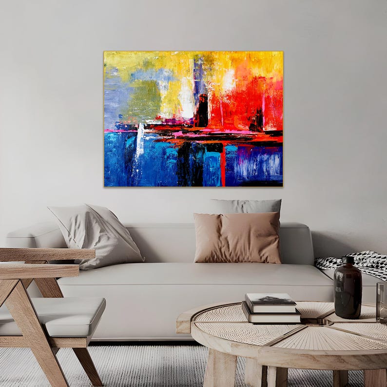 Large Abstract Art Painting Modern Canvas Wall Decor, Bold Red Blue