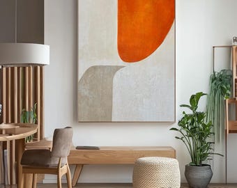 Pintura abstracta en lienzo naranja y beige, obra de arte geométrica minimalista