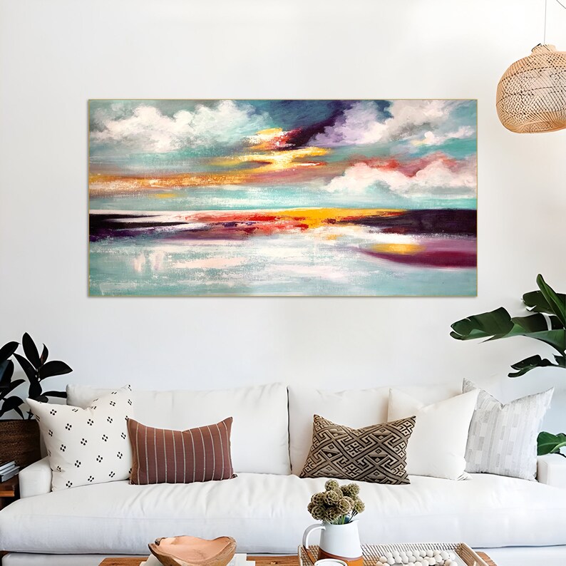 Expressive painting of a coastal scene with bold streaks of color in the sky.