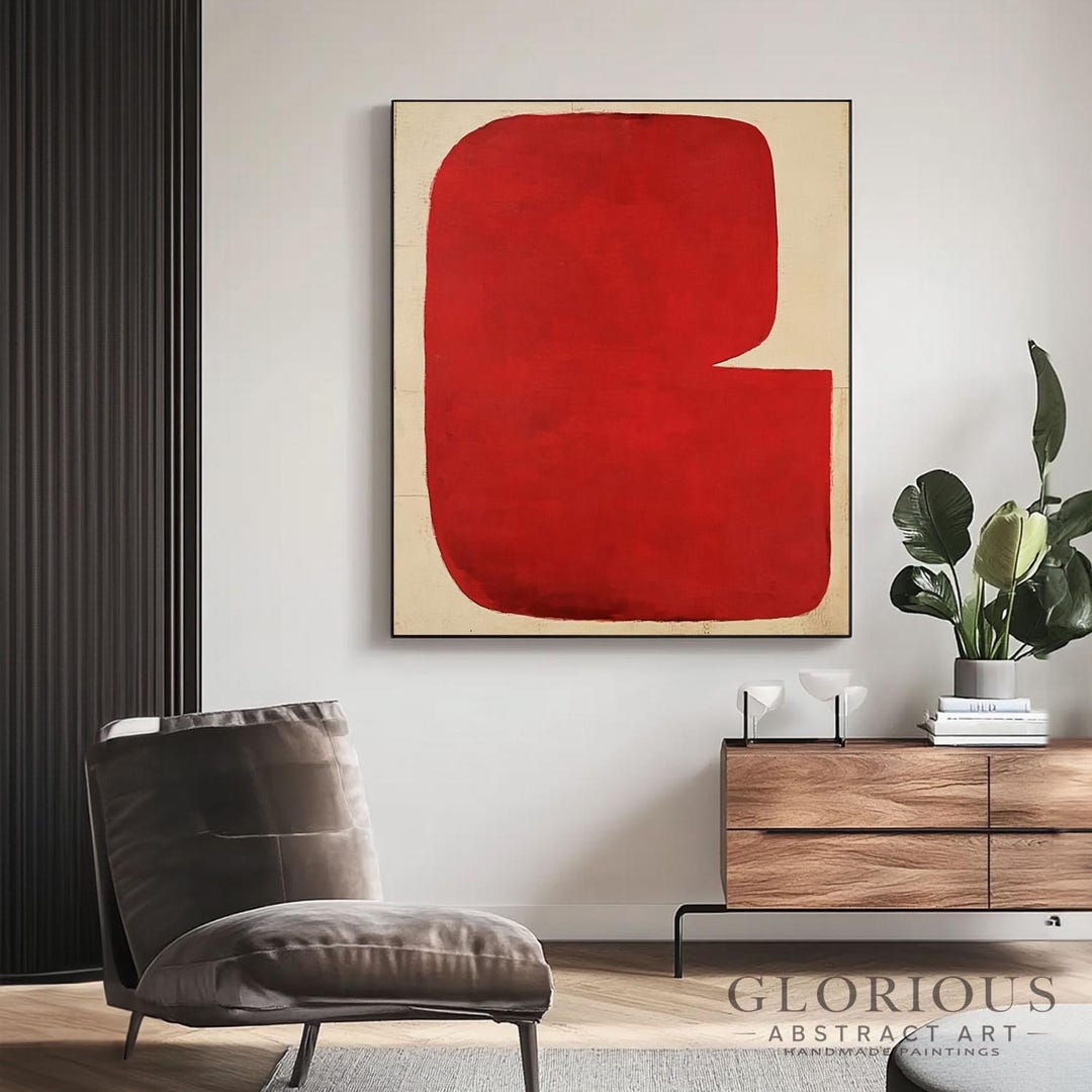 Red Abstract Wall Art Original Painting, Minimalist Modern Canvas Art ...
