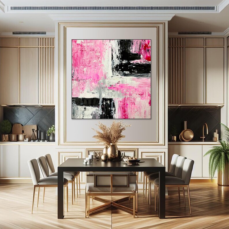 Large Pink Abstract Painting, Modern Art With Bold Brushstrokes, Black