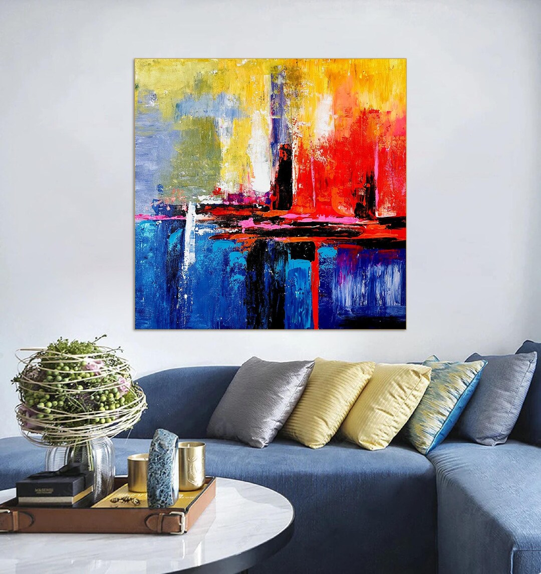Large Abstract Art Painting Modern Canvas Wall Decor, Bold Red Blue