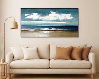 Teal Blue Abstract Ocean Painting, Coastal Canvas Art, Beach House Decor