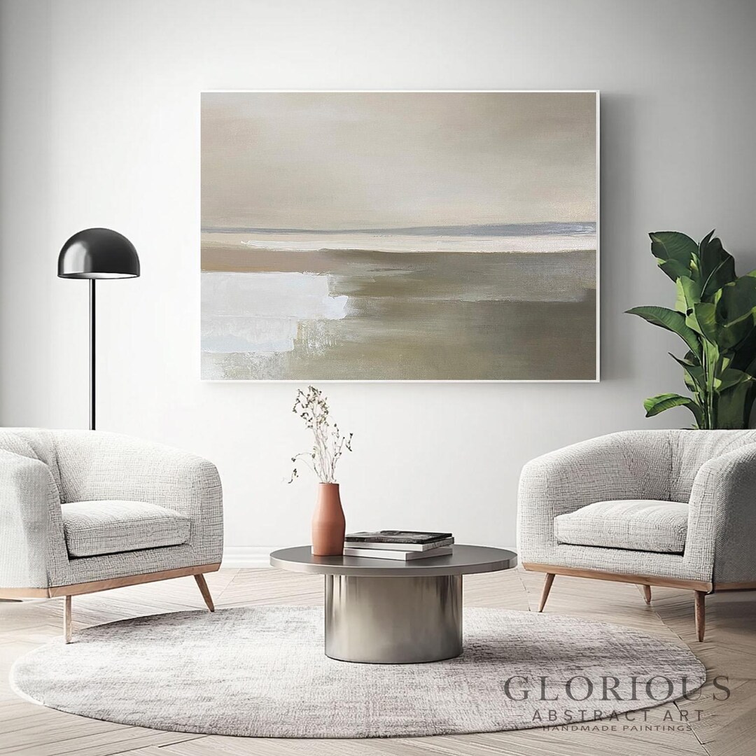 Neutral Beige Abstract Landscape Painting, Minimalist Canvas Wall Art ...