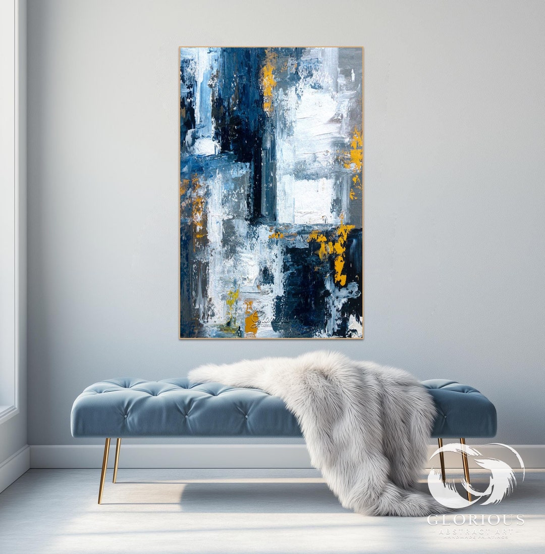 Blue & Gold Abstract Painting, Modern Wall Art, Textured Canvas Art ...