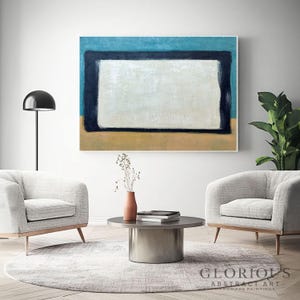 Blauwgroen en crème minimalistische abstracte muurkunst, modern geometrisch schilderij, zwart frame canvas, woonkamer kantoordecor, zwarte en crèmekleurige kunst