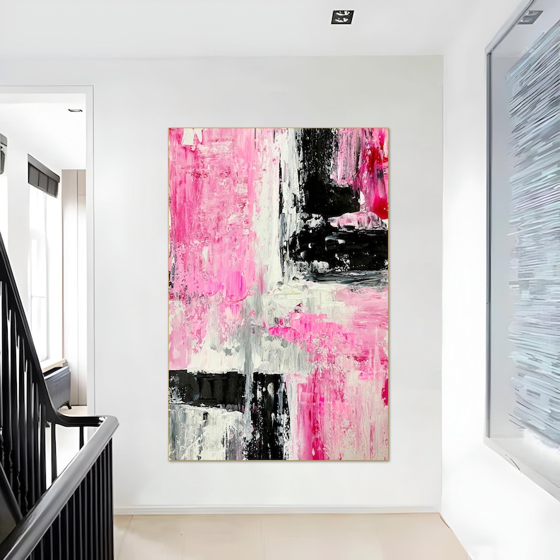 Large Pink Abstract Painting, Modern Art With Bold Brushstrokes, Black