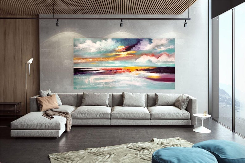 Artistic rendition of a twilight seaside view with striking color contrasts.