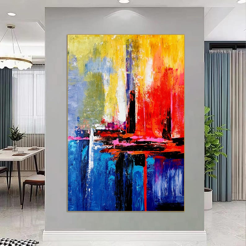 Large Abstract Art Painting Modern Canvas Wall Decor, Bold Red Blue