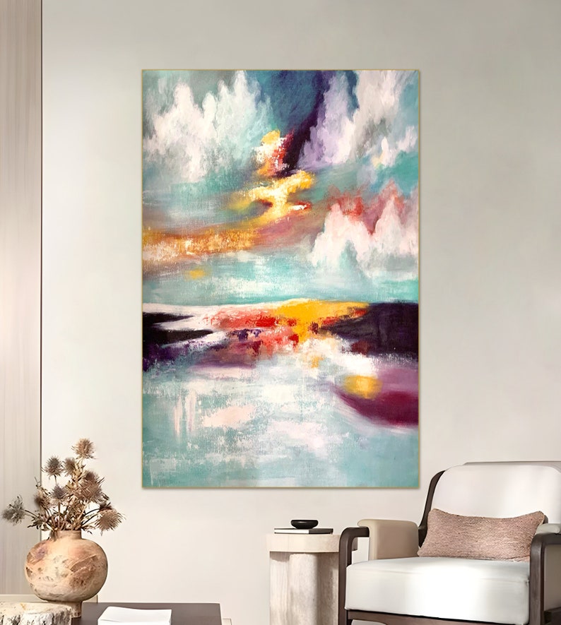 Dreamlike seascape artwork with a kaleidoscope of colors in sky and water.