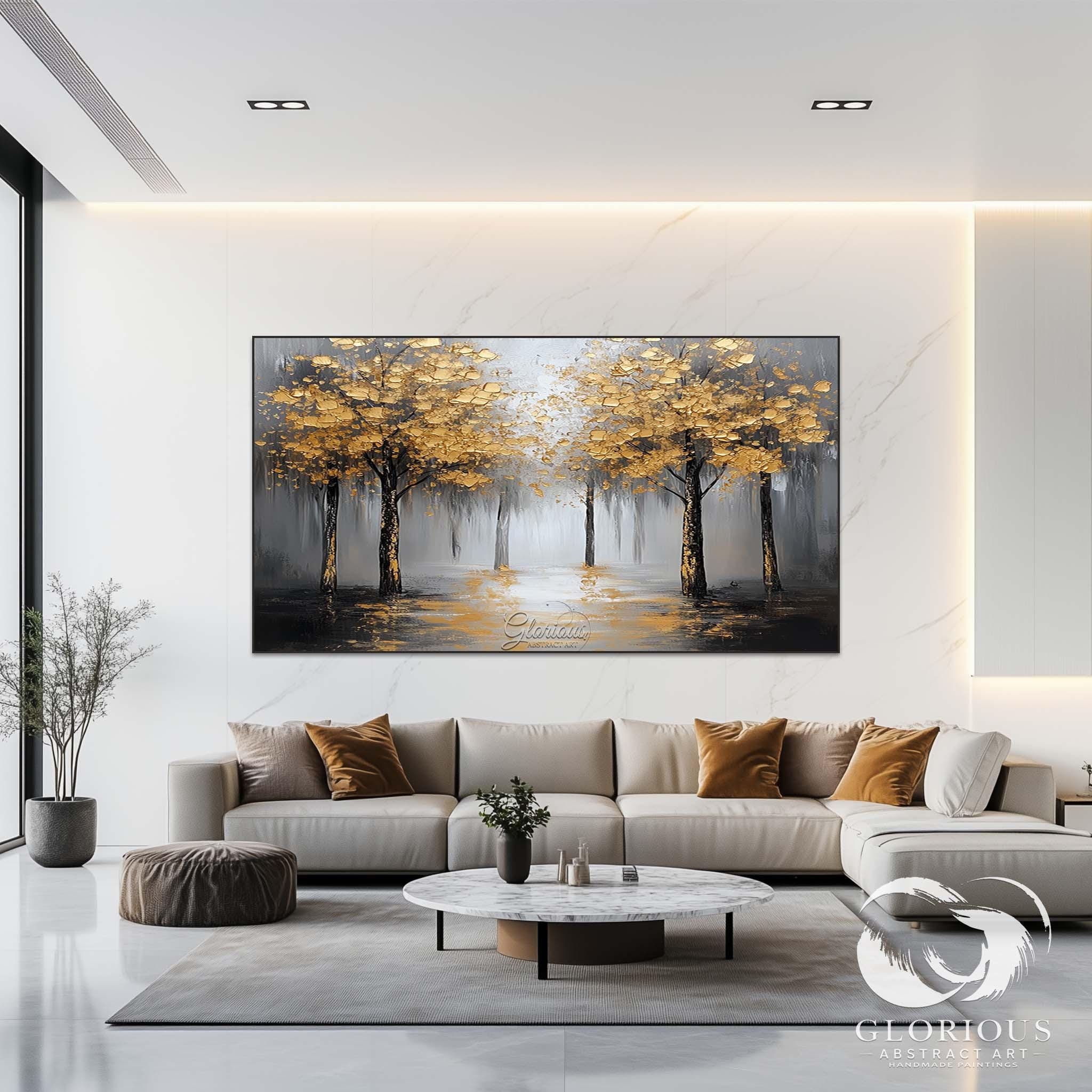 Golden Tree Forest Landscape Painting, Large Hand-painted Wall Art ...
