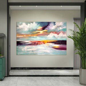 Abstract interpretation of a coastal sunset with flowing brushstrokes.