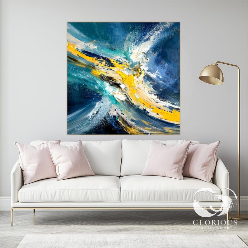 Abstract Ocean Wave Painting, Large Canvas Wall Art, Blue and Yellow ...