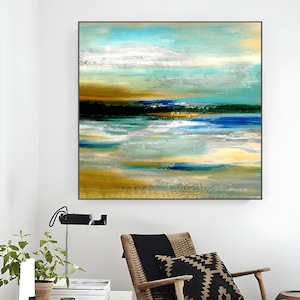 Ocean Waves Abstract Painting, Sunset artwork, Teal Blue Sea Painting Abstract Landscape Painting, Sunset Painting, Extra Large Wall Art