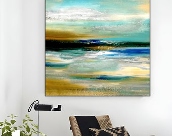 Ocean Waves Abstract Painting, Teal Blue Sunset Seascape, Large Wall Art