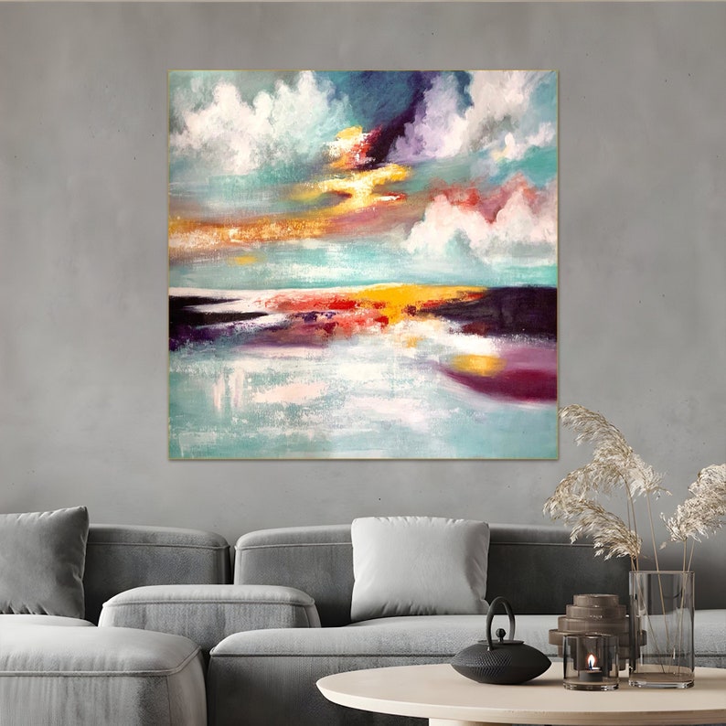 Emotive landscape portrayal with swirling clouds and glowing light on water.