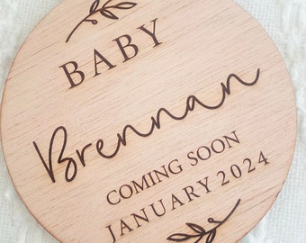 Personalised Baby Announcement Plaque, Engraved Birchwood Disc