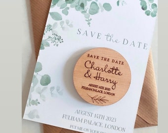 Round Wooden Save The Date With Venue details Wedding Invites, Personalised Engraved Wood Magnets come Fully assembled