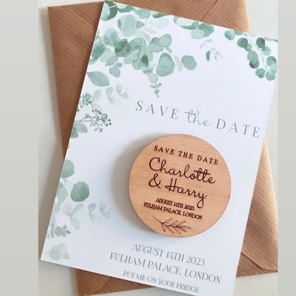 Round Wooden Save The Date With Venue details Wedding Invites, Personalised Engraved Wood Magnets come Fully assembled