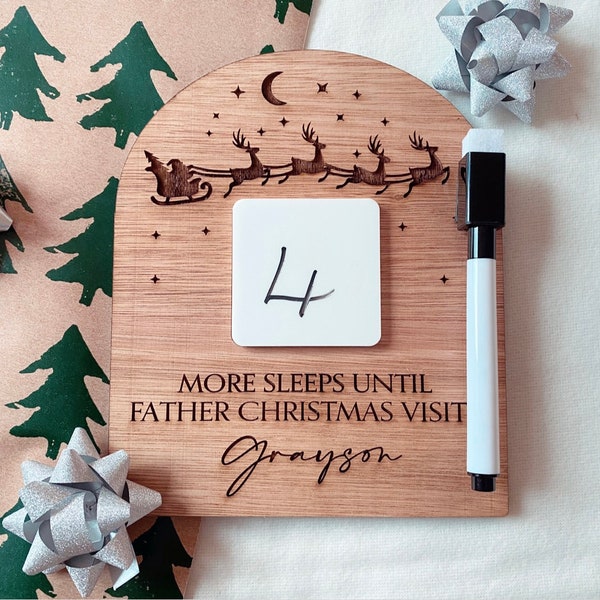 Christmas Countdown 'Sleeps until Santa Comes to Visit', Personalised Name Advent Countdown for Christmas including whiteboard pen