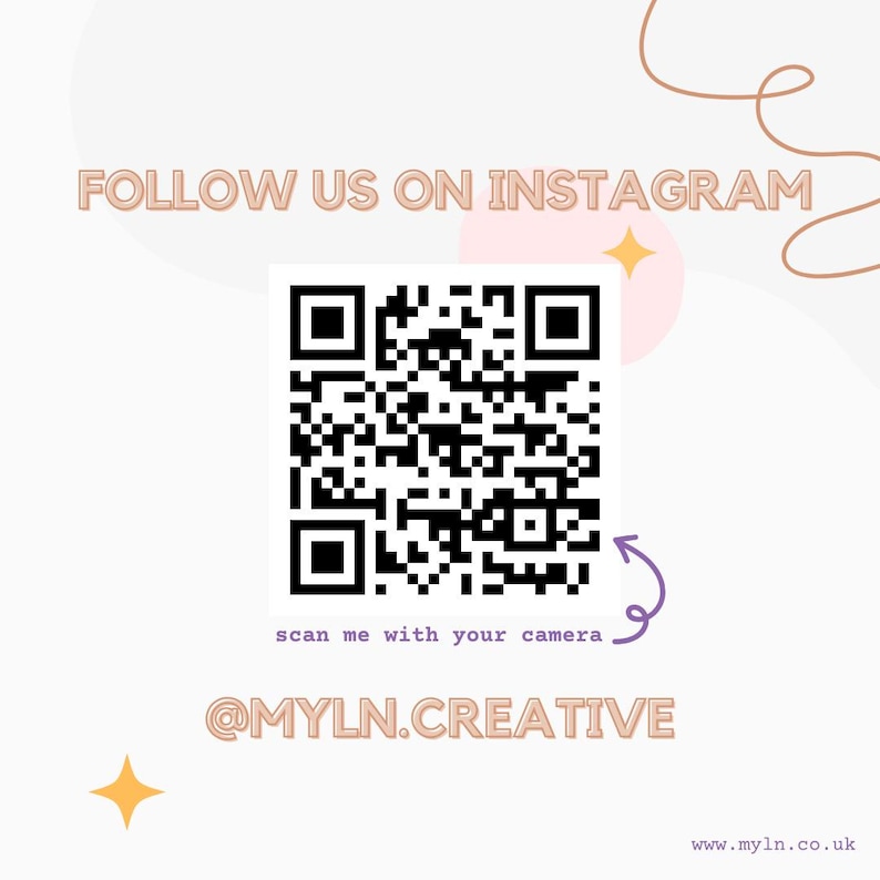 May include: A black and white QR code with a purple arrow pointing to the right. The text "scan me with your camera" is below the QR code. The text "@MYLN.CREATIVE" is below the text "scan me with your camera". The text "www.myln.co.uk" is at the bottom of the image.