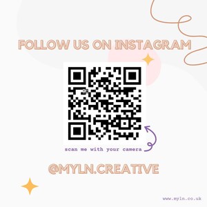 May include: A black and white QR code with a purple arrow pointing to the right. The text "scan me with your camera" is below the QR code. The text "@MYLN.CREATIVE" is below the text "scan me with your camera". The text "www.myln.co.uk" is at the bottom of the image.