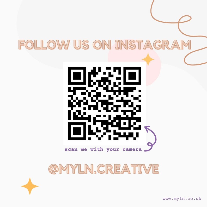 May include: A black and white QR code with a purple arrow pointing to the right. The text "scan me with your camera" is below the QR code. The text "@MYLN.CREATIVE" is below the text "scan me with your camera". The text "www.myln.co.uk" is at the bottom of the image.