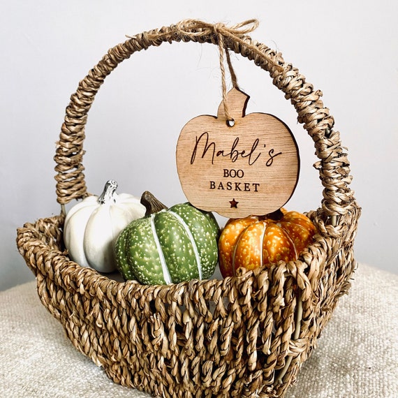 Personalised Pumpkin Boo Basket Tag, Wooden Decoration, Children's Halloween Gift, Wooden Engraved Decoration